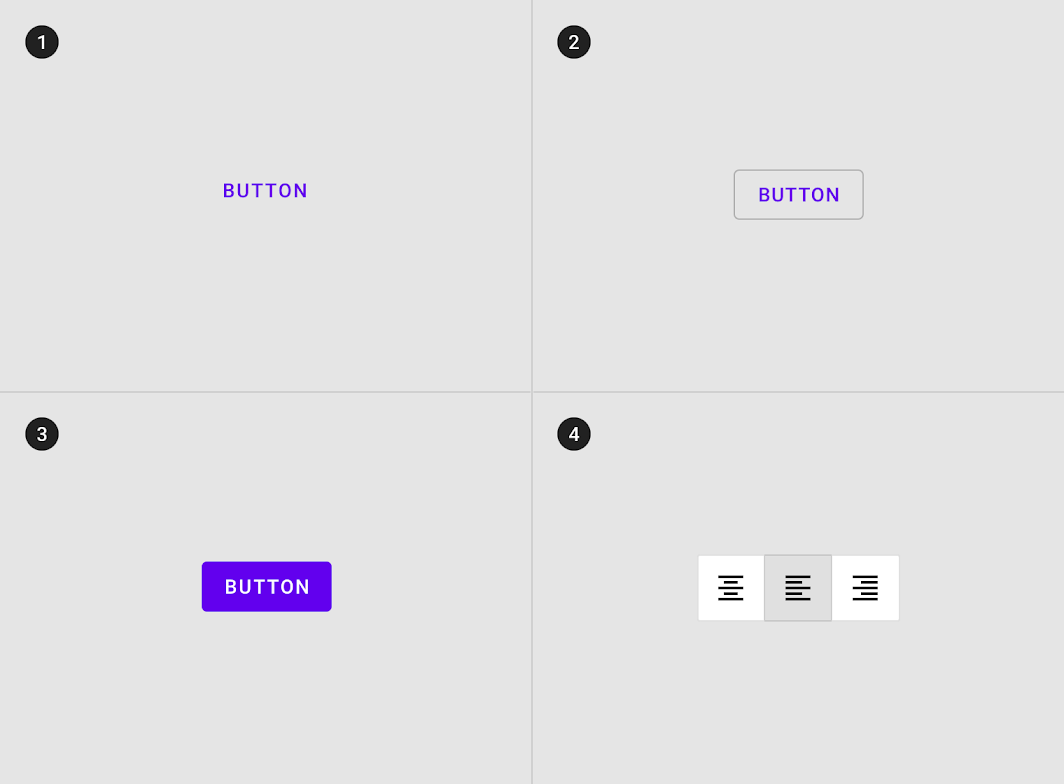 Text button, Outlined button, contained button and toggle button (in-order).